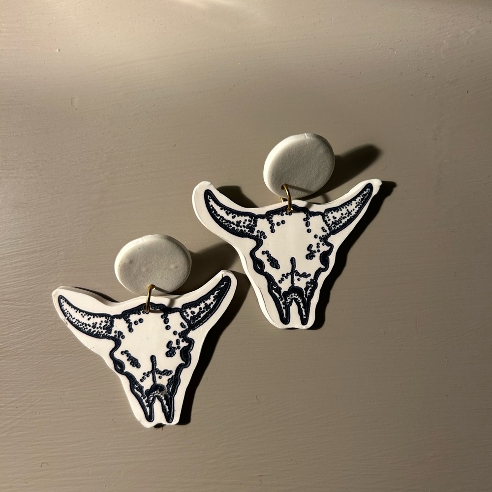 White and Black Bull Skull Polymer Clay Earrings